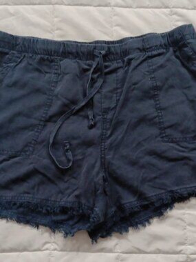 For The Republic Distressed Blue 100% Tencel Drawstring Fringe Cut Off Shorts